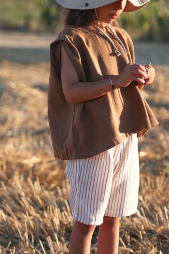 SOHO Brown Muslin Sleeveless Blouse + Brown Striped Bermuda Shorts