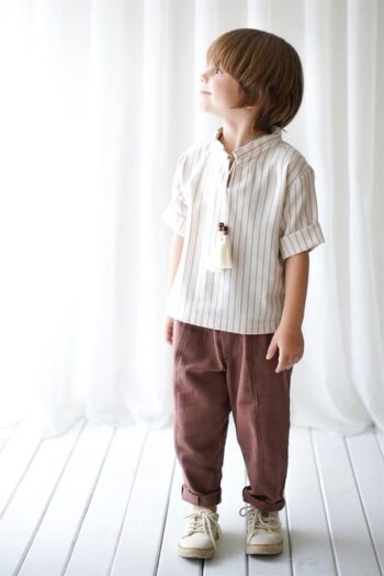 Kahve Vera Linen Stitched Carrot Pants + Cream Brown Striped Linen String Shirt