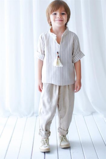 Vizon Vera Linen Stitch Carrot Pants + Cream Brown Striped Linen Tied Shirt