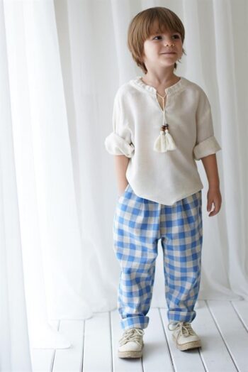 Blue Cream Checkered Carrot Pants + Cream Linen String Shirt