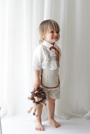 Cream Linen Shorts Overalls + White Short Sleeve Shirt