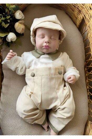 Mama Miel Baby Creamy Coffee Colored Haki Button Detailed Pants Overall and Cap / Suitable for Celebrations & Mevlit