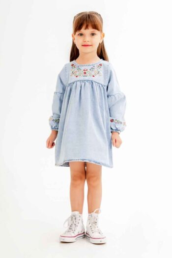 Cansın Mini Blue Flower Embroidered Sleeves Girls' Denim Dress 20117