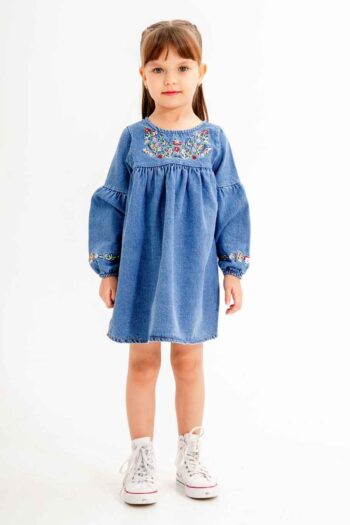 Cansın Mini Navy Blue Floral Embroidered Sleeves Girls Denim Dress 20118