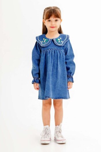 Cansın Mini Navy Blue Long Sleeve Girl's Denim Dress with Floral Embroidery 20116