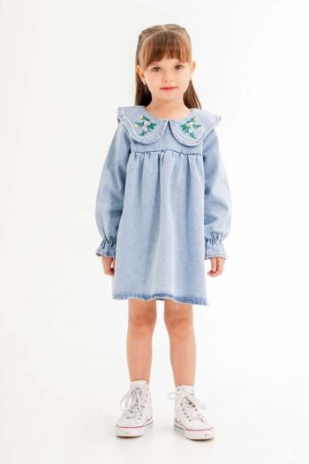 Cansın Mini Blue Collar Flower Embroidered Long Sleeve Jean Dress for Girls 20115
