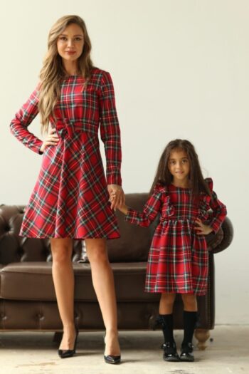 MY LITTLE BOUTIQUE Red Plaid Flared Dress Mother-Daughter Kids Combo Design (SOLD SEPARATELY)