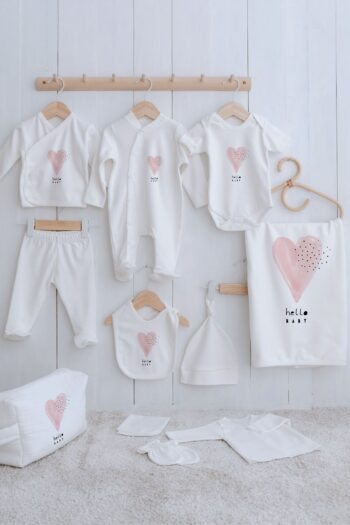 Tuğba Kuğu Organic 11-Piece Hospital Exit Set - Pure Baby - Pink Romantic Heart