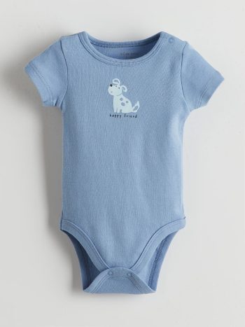 LCW Baby Blue Printed Cotton Baby Boy Bodysuit