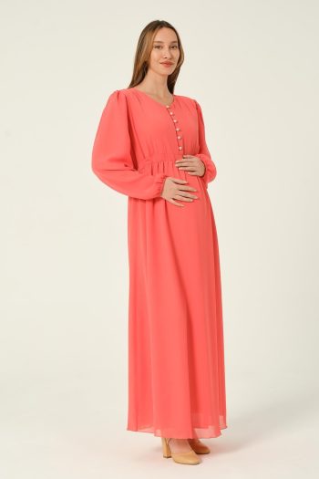 BUSA Maternity Belted Chiffon Maxi Length Hijab Dress in Poppy