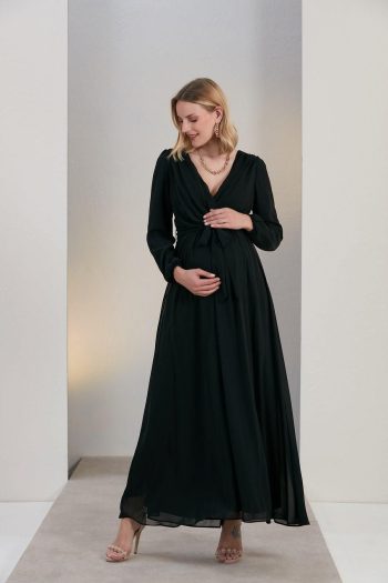 Işşıl O7053-Crossover Chiffon Sash Baby Shower Maxi Maternity Dress