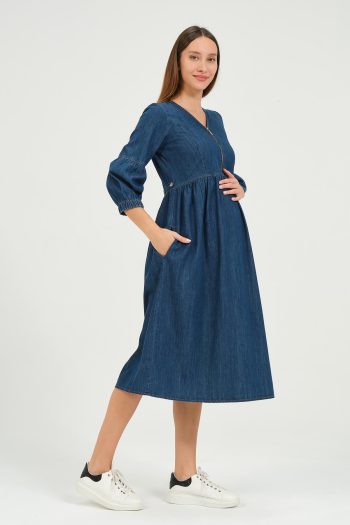 BUSA Maternity Collar Zippered Elastic Sleeve Midi Denim Dress Blue