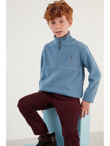 Lela Blue Soft Textured Zip-Up Stand Collar Fleeced Winter Polar 5905002