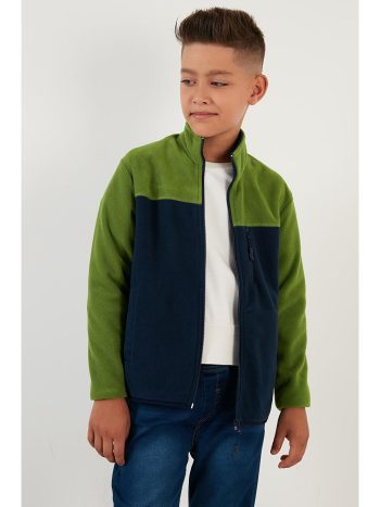 Green-Navy Soft Textured Zippered Color Block High Neck Pocketed Fleece 5905001