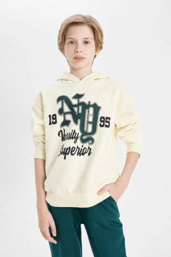 Boys' Oversized Fit Hooded Printed Thick Sweatshirt