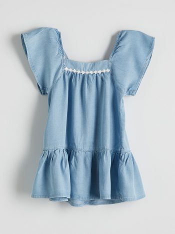 LCW Kids Blue Flower Embroidered Girls' Denim Dress