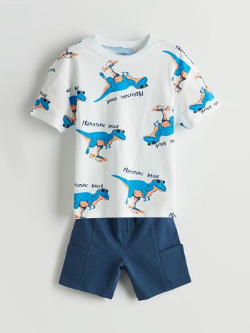 LCW Kids                                                                                       Off-White Dinosaur Print Boys' T-shirt and Shorts Set (2-piece)