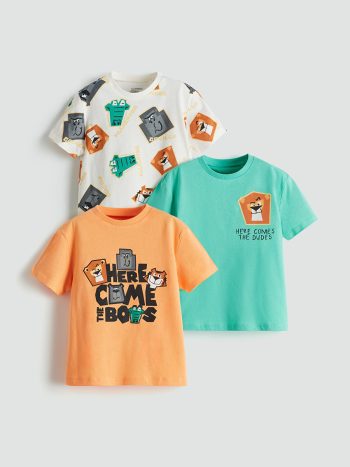 LCW Kids Orange Crew Neck Printed Boys T-Shirt Set of 3