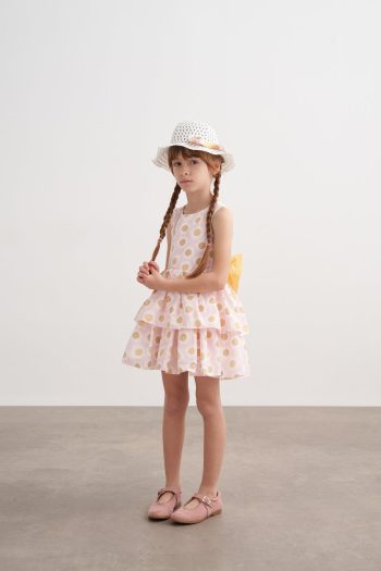 Hat with Bow Pattern Ruffled Dress