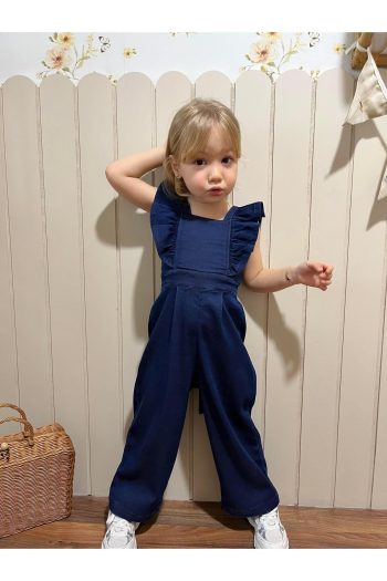 Miabambim Ruffled Detailed Denim Jumpsuit Navy Blue