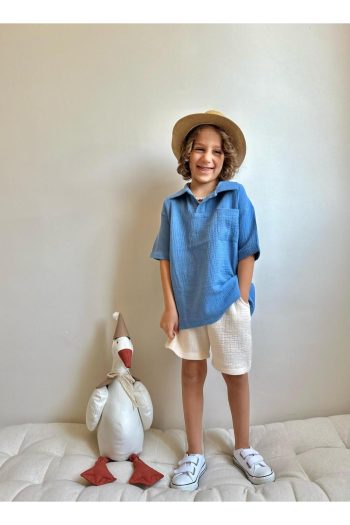 Yigit Boutique Muslin Fabric Shirt with Collar Boys' Shorts Set