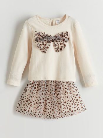 LCW Kids Ekru Leopard Print Girl's Blouse and Skirt Set