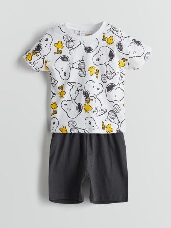 Cream Snoopy Printed Boys' Shorts Pajama Set