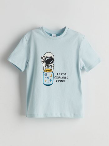 LCW ECO                                                                                              Blue Printed Crew Neck T-Shirt for Boys