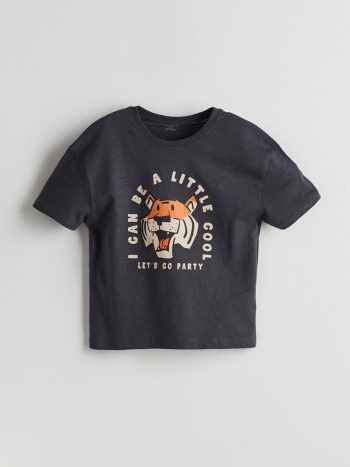 LCW Kids Antrasite Crew Neck Tiger Print Boys' T-Shirt