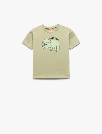 Boys' Short-Sleeve Cotton T-Shirt with Dinosaur Print and Bicycle Neck