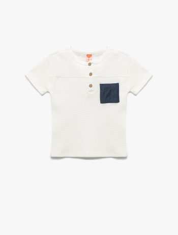 Boys' Short Sleeve Crew Neck Button-Up Pocket Detail Cotton T-Shirt