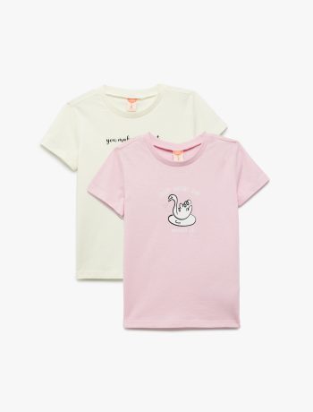Cotton Printed Short Sleeve Crew Neck T-Shirt Set for Baby Girls (2 Pieces)