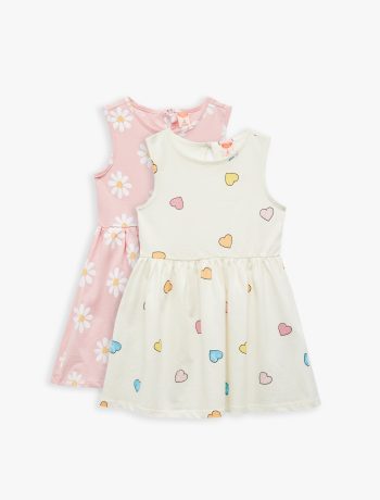 Girl's Heart and Flower Patterned Cotton Crew Neck 2-Piece Dress Set