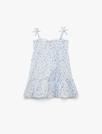 Cotton Bow Detail Pleated Strappy Floral Mini Dress for Baby Girl