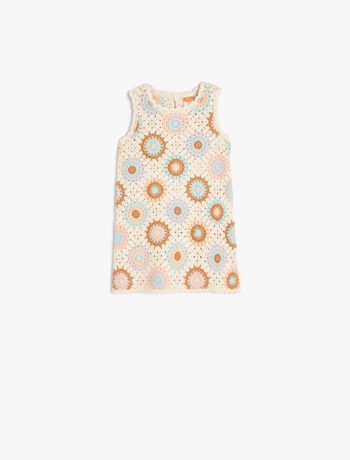 Girl's Round Neck Knitted Detail Sleeveless Cotton Sweater Dress