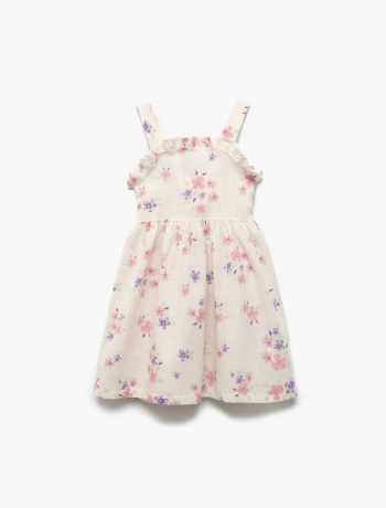 Baby Girl Cotton Ruffled Floral Dress with Square Neck and Straps