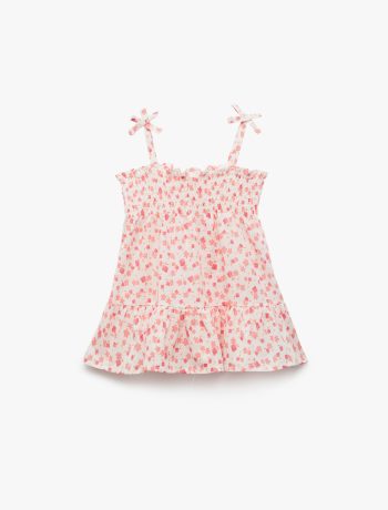 Cotton Bow-Detail Smocked Spaghetti Strap Floral Mini Dress for Baby Girls