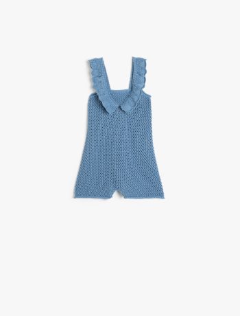 Girl's Baby Square Neck Ruffled Detail Strap Knit Jumpsuit
