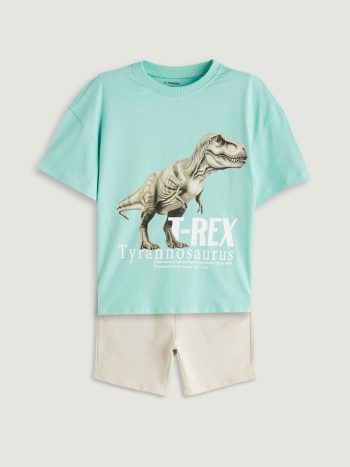 LCW Kids Turquoise Dinosaur Printed Boys T-Shirt and Shorts Set of 2