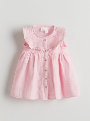 LCW ECO Pink Bicycle Neck Baby Girl Muslin Dress