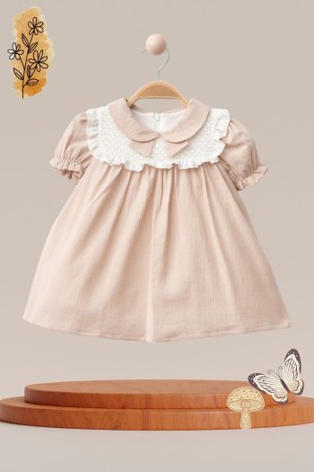 Baby's Breath Flower Lace-Collared Summer Short-Sleeve Muslin Dress for Girls 9-12-18-24 Months Baby Girl Clothing
