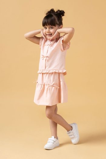 Minipodyum Girl's Summer Two-Piece Set with Balloon Skirt and Bow Detail