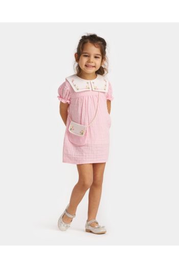 Embroidered Baby Collar 100% Cotton Muslin Dress with Bag for Girls 9-24 Months