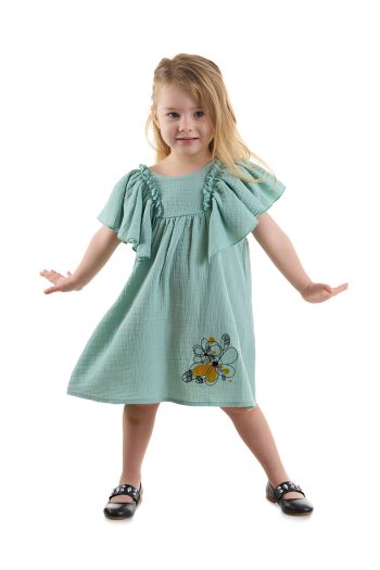 Denokids Floral Girl Baby Child Green Muslin Ruffled Summer Dress