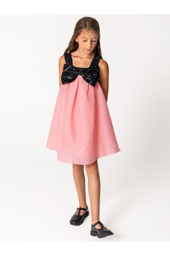 SheShe Payet Bow Detailed Pink Jacquard Dress for Girls