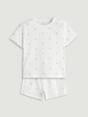 LCW Baby  Off-White Printed Boy's Baby T-Shirt and Shorts Set of 2