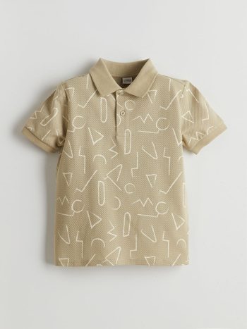LCW Kids                                                                                         Ecru Printed Polo Neck Cotton T-Shirt for Boys