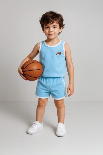 LUESS Boy's Towel Tennis Embroidered Top and Bottom Set - Blue (3-4 years, 8-9 years)