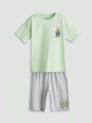 LCW Kids Green Cute Bear Printed Boys' Short Pajama Set