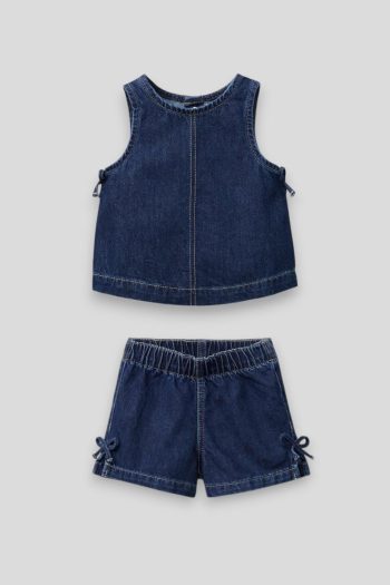 Girls' Cotton Dark Blue Bow Denim Shorts Set - Summer Strap Model